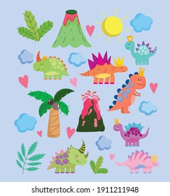 cute dinos volcano palm sun clouds nature cartoon icons vector illustration