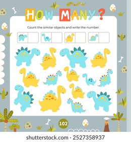 Lindas atividades de dinossauros para crianças. Quantos. Conte o número de objetos. Ilustração vetorial. Formato de livro quadrado. Jogo de matemática para aprender a contar.