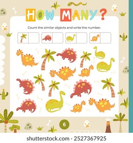Lindas atividades de dinossauros para crianças. Quantos quebra-cabeças Dino. Conte o número de objetos. Ilustração vetorial. Página para o formato quadrado do livro de atividades. Jogo de matemática para aprender a contar.