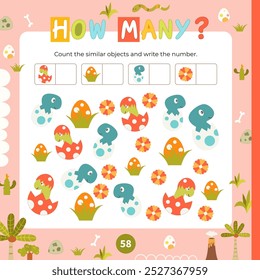 Cute  Dinosaur activities for kids. How many Dino. Count the number of objects. Vector illustration. Book square format. Math game for learning counting.