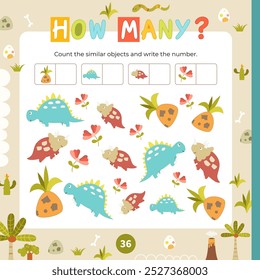 Lindas atividades de dinossauros para crianças. Quantos quebra-cabeças Dino. Conte o número de objetos. Ilustração vetorial. Formato de livro quadrado. Jogo de matemática para aprender a contar.