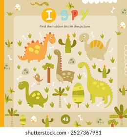 Cute Dinosaur activities for kids. I spy game. Find the hidden bird. Logic games for children. Vector illustration. Dino Game to boost attention and focus.