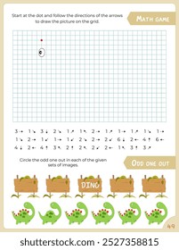 Cute dinosaur Activity Pages for Kids. Printable Activity Sheet with dinosaurs Mini Games – graphic dictation, odd one out. Vector illustration.