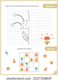 Cute dinosaur Activity Pages for Kids. Printable Activity Sheet with dinosaurs Mini Games – draw the other half, Sudoku. Vector illustration.