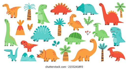 Cute dinosaur. Adorable cartoon baby dino, funny childish little animal collection, scandinavian doodle kindergarten character clipart. Vector set of dinosaur, monster wild prehistoric illustration