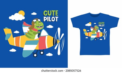 Cute dinosaur in airplane cartoon tee design