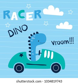 Cute Dinosaur Animal With Car Vector Illustration