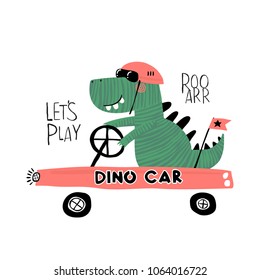 Cute dinosaur animal with car vector illustration. T-shirt graphics for kids vector illustration.