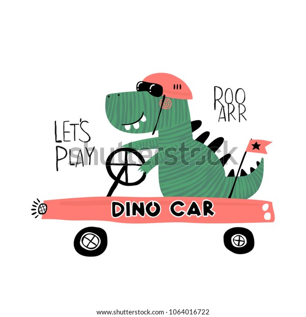 Cute dinosaur animal with car\
vector illustration. T-shirt graphics for kids vector\
illustration.