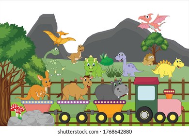 Cute dinosaur and animal illustration design with mountain views
