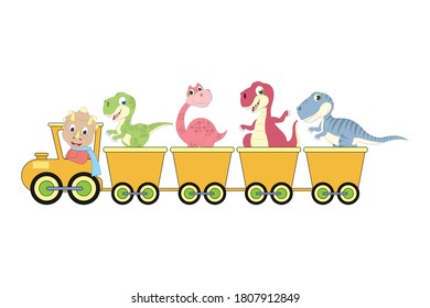 cute dinosaur animal on the train, simple vector illustration