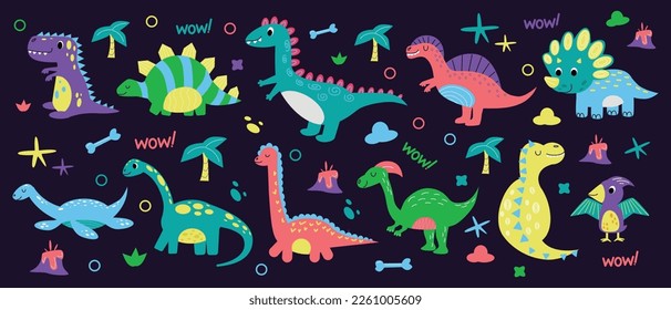 Cute dinosaur animals, doodle nursery decorative elements. Children kindergarten print, Nordic style zoo, velociraptor and funny T-rex adventures. Vector recent cartoon illustration clipart