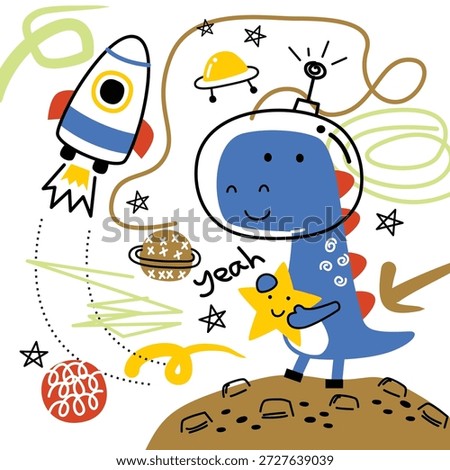 Cute dinosaur astronaut character exploring space with rocket and playful doodle elements illustration. Kids imagination concept
