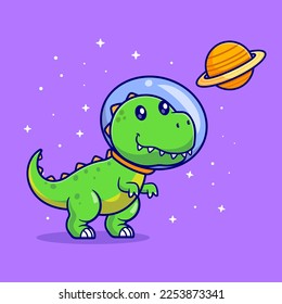 Cute Dinosaur Astronaut Looking Planet In Space Cartoon Vector Icon Illustration. Animal Science Icon Concept Isolated Premium Vector. Flat Cartoon Style