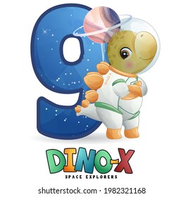 Cute dinosaur astronaut with numbering illustration