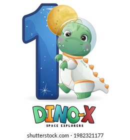 Cute dinosaur astronaut with numbering illustration