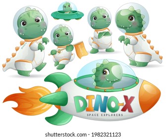 Cute dinosaur astronaut poses with watercolor illustration set