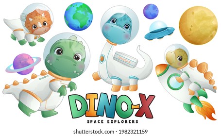 Cute dinosaur astronaut with watercolor illustration