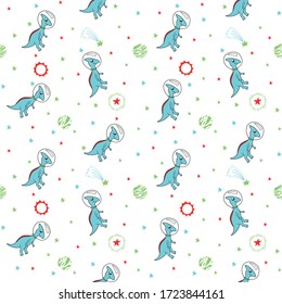 cute dinosaur astronauts in space with spaceships and planets, multicolored on white background, seamless vector pattern. children's, for fabric, Wallpaper, paper