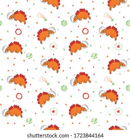 cute dinosaur astronauts in space with spaceships and planets, multicolored on white background, seamless vector pattern. children's, for fabric, Wallpaper, paper