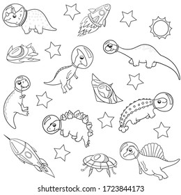 cute dinosaur astronauts in space with spaceships and planets, outlines on white background, seamless vector pattern. children's, for fabric, Wallpaper, paper, coloring page