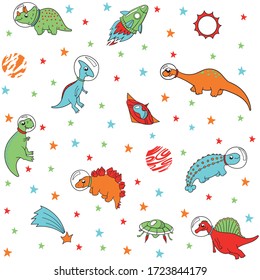cute dinosaur astronauts in space with spaceships and planets, multicolored on white background, seamless vector pattern. children's, for fabric, Wallpaper, paper
