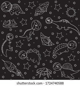 cute dinosaur astronauts in space with spaceships and planets, white outlines on black background, seamless vector pattern. children's, for fabric, Wallpaper, paper