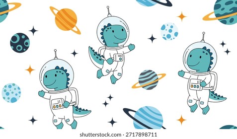 Cute dinosaur astronauts in space suits floating among planets and stars on a white background create a fun prehistoric space seamless pattern.