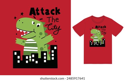 Cute dinosaur attack city with tshirt design premium vector the Concept of Isolated Technology. Flat Cartoon Style Suitable for Landing Web Pages,T shirt, Flyers, Stickers