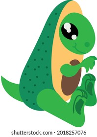 Cute dinosaur in avocado costume. Image isolated on white background. Vector illustration can be used as design element for decorating sites clothing posters banners.