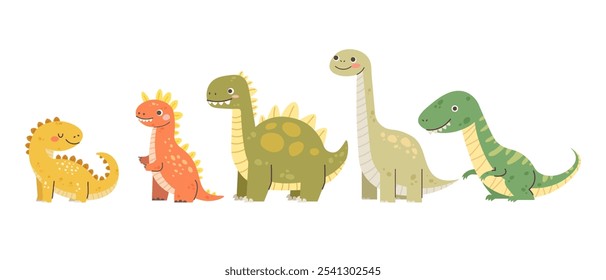 Bebês lindos de dinossauros sobre fundo branco. Dinossauro verde, amarelo e laranja, répteis antigos isolados. Caracteres vetoriais