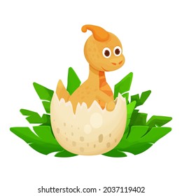 Cute dinosaur baby in egg hatching in cartoon style isolated on white background. Animal, reptile little adorable monster. 