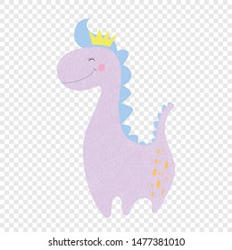 Cute dinosaur baby girl print. Sweet dino princess with crown. Funny smiling brachiosaurus for t-shirt, kids apparel, invitation simple scandinavian child design Cartoon vector hand drawn illustration