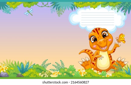 Cute dinosaur baby orange tyrannosaurus. Children cartoon background. Vector illustration. Cover page template layout. Applicable for notebooks, planners, brochures, books, catalogs.Two-page cover.