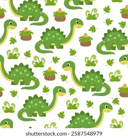 Cute dinosaur baby seamless pattern. Green dinosaurs and prehistoric bushes and ferns background.