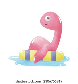 Cute Dinosaur baby wear rubber ring swimming in the sea. element watercolor style on white background vector illustration