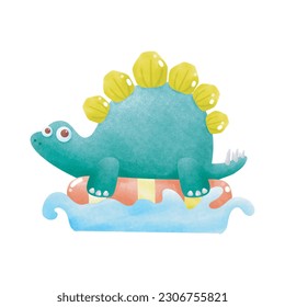 Cute Dinosaur baby wear rubber ring swimming in the sea. element watercolor style on white background vector illustration