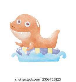 Cute Dinosaur baby wear rubber ring swimming in the sea. element watercolor style on white background vector illustration