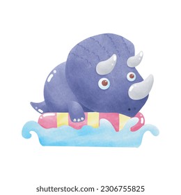 Cute Dinosaur baby wear rubber ring swimming in the sea. element watercolor style on white background vector illustration