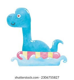 Cute Dinosaur baby wear rubber ring swimming in the sea. element watercolor style on white background vector illustration