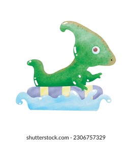 Cute Dinosaur baby wear rubber ring swimming in the sea. element watercolor style on white background vector illustration