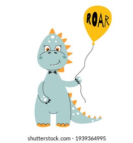 Cute dinosaur with balloon. Cartoon vector illustration.