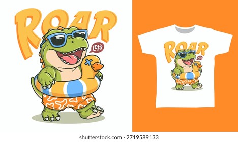 Netter Dinosaurier mit Ballonring-Illustration, handgezeichnet, Vektor bereit für den Druck auf T-Shirt und andere Verwendungen.