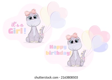 Cute dinosaur with balloons. Birthday greetings. It's a girl