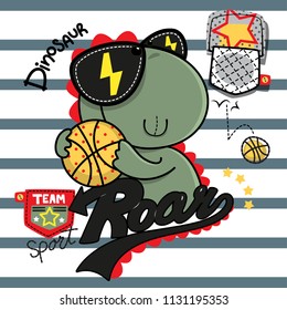 Cute dinosaur basketball player wearing sunglasses on striped background illustration vector, T-Shirt design for kids.