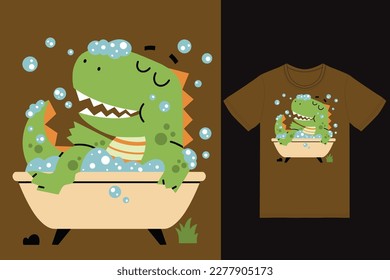 Cute dinosaur in bathtub vector illustration with tshirt design premium vector the Concept of Isolated Technology. Flat Cartoon Style Suitable for Landing Web Pages,T shirt, Flyers, Stickers