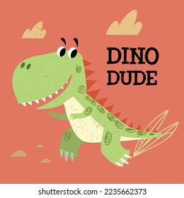 Cute dinosaur. Best for children designs, tees, birthday flyers and invitations. Dino party template. Vector illustration.
