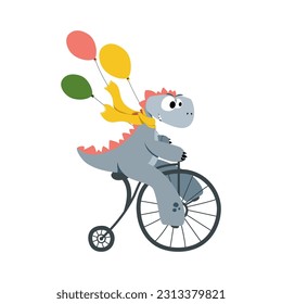 Cute dinosaur with bicycle. Circus show illustration. T-shirt graphics. Vector illustration.