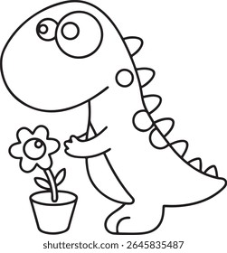 A cute dinosaur with big eyes admires a potted flower, the black and white drawing portrays the scene with simple lines and a charming, child-like quality in the style