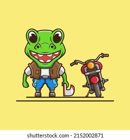 Cute dinosaur biker character logo. Abstract vector illustration. Isolated black background for t-shirt, poster, clothing.